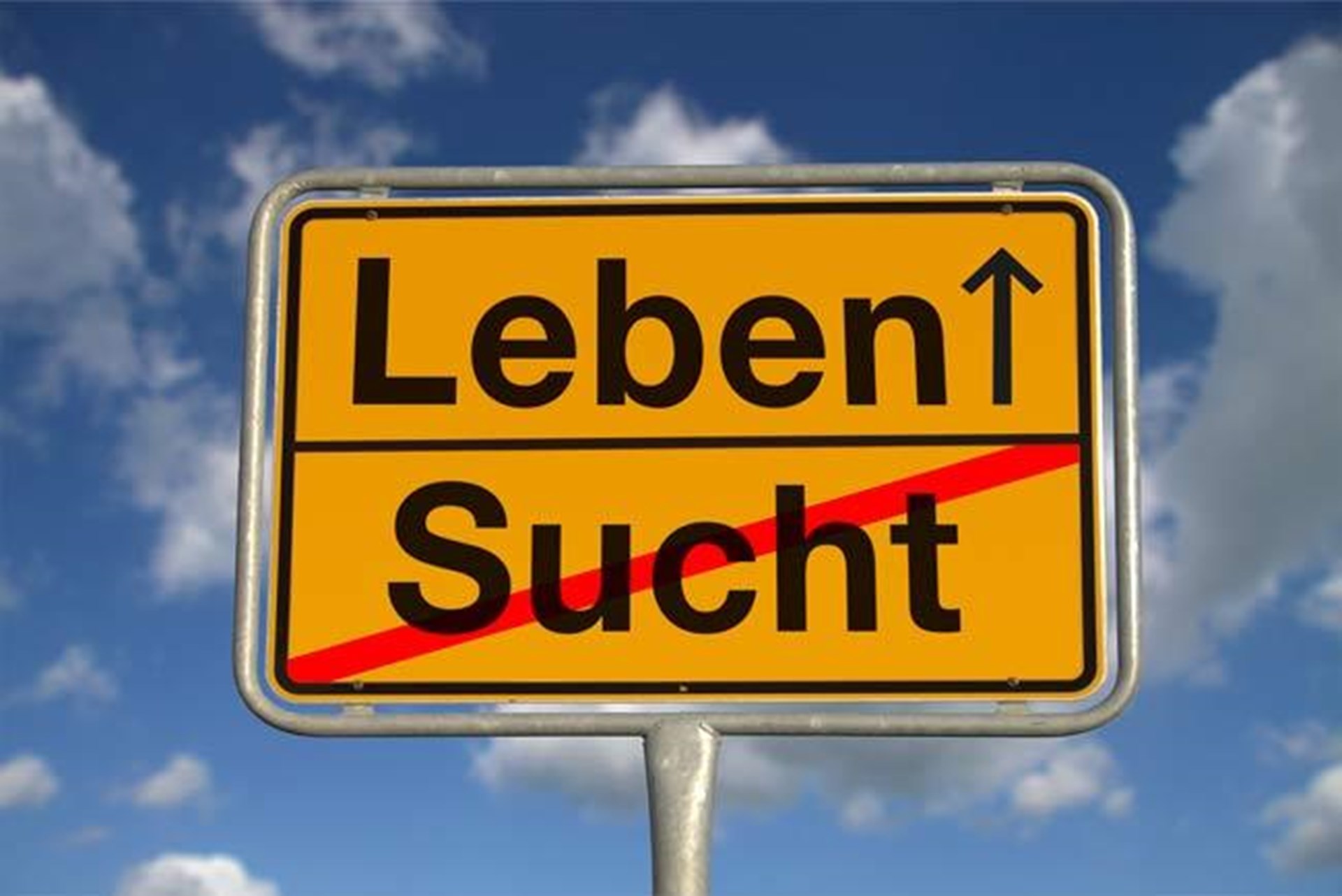 Ein gelbes Ortsschild zeigt ein rot durchgestrichenes Wort "Sucht" sowie einen Pfeil in Richtung "Leben"